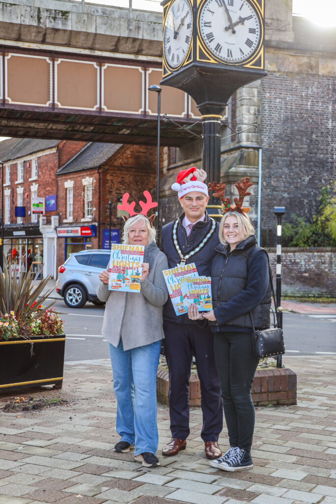 Councillor Ellen Moore, Mayor Roger Cox and Lucie Pritchard of Shifnal Town Council, getting ready for the big switch-on.