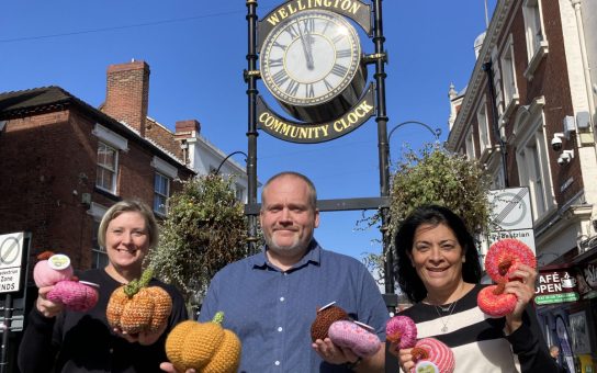 Pictured from left, AdrienneTaylor of The Daberhashery, who has made some of the pumpkins, Damian Breeze, manager of The Orbit and Paola Armstrong of Wellington Town Council