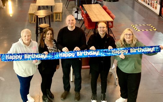 Pictured celebrating the market milestone are, from left, Jenny Duff of Beautiful Bargains, Bubbly Bahra of Bubbly’s Kitchen, Councillor Lee Carter, market manager Herlander Alcobia and Sally Blackwell of Bloomers.