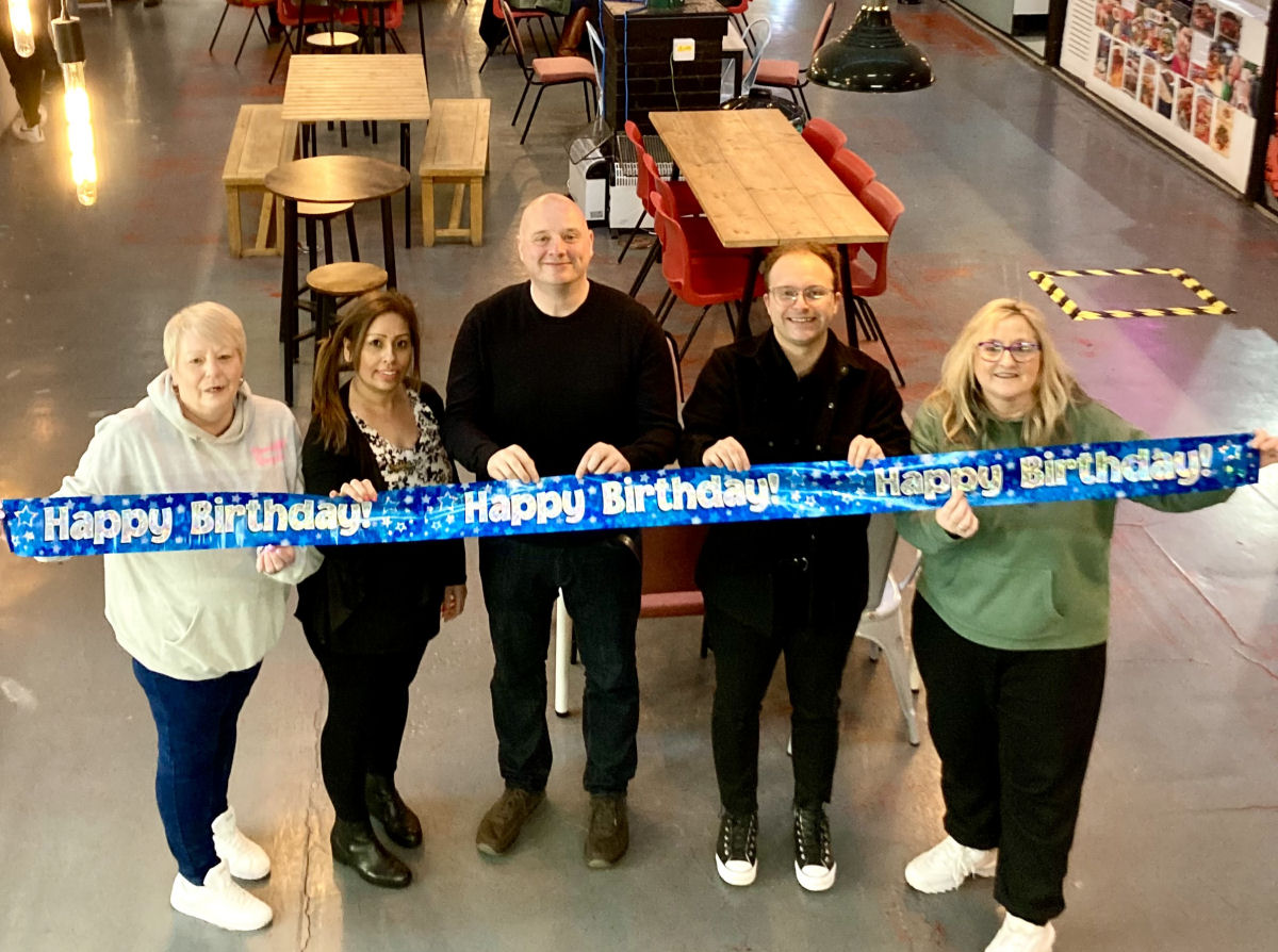Pictured celebrating the market milestone are, from left, Jenny Duff of Beautiful Bargains, Bubbly Bahra of Bubbly’s Kitchen, Councillor Lee Carter, market manager Herlander Alcobia and Sally Blackwell of Bloomers.